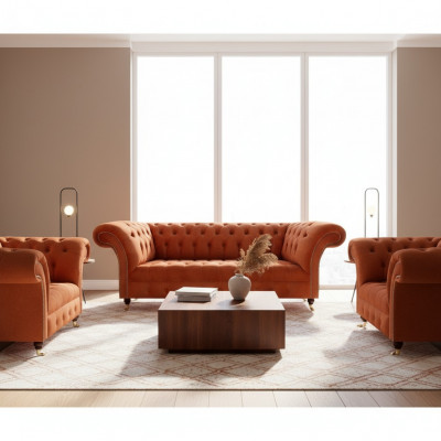 Pokój dzienny Brązowa zestaw mebli Chesterfield 2 fotele 3-osobowa sofa 3 elementy