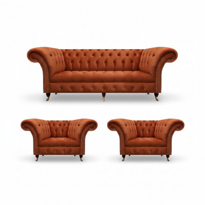 Pokój dzienny Brązowa zestaw mebli Chesterfield 2 fotele 3-osobowa sofa 3 elementy