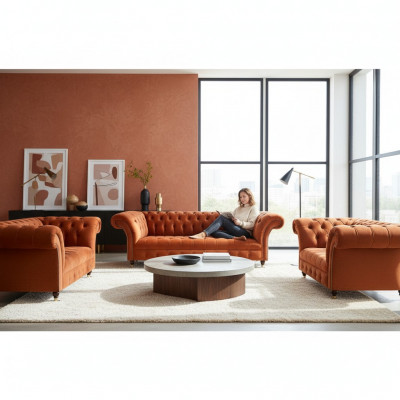 Brązowe meble Chesterfield do salonu, wygodne kanapy designerskie, 3-częściowy zestaw.