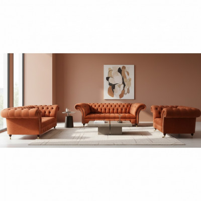 Brązowe meble Chesterfield do salonu, wygodne kanapy designerskie, 3-częściowy zestaw.