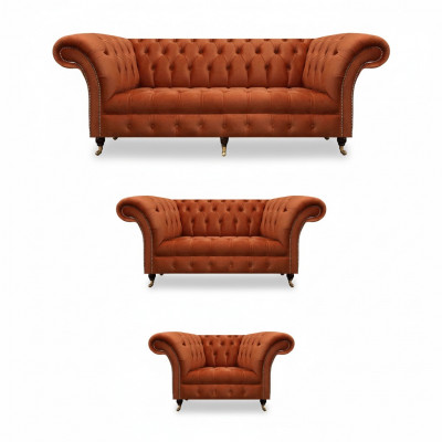 Brązowe meble Chesterfield do salonu, wygodne kanapy designerskie, 3-częściowy zestaw.