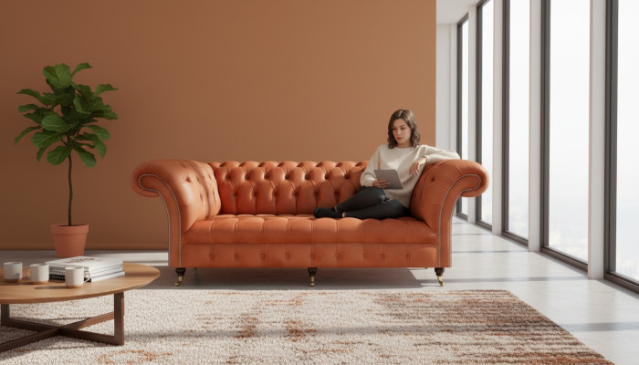 Brązowa sofa Chesterfield, nowoczesna sofa 3-osobowa, luksusowe meble do siedzenia.