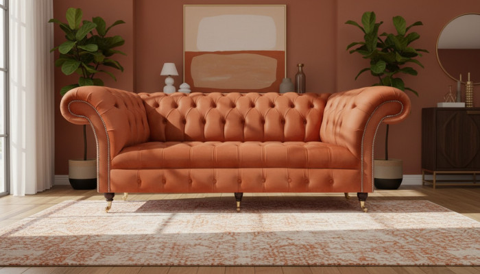 Brązowa sofa Chesterfield, nowoczesna sofa 3-osobowa, luksusowe meble do siedzenia.