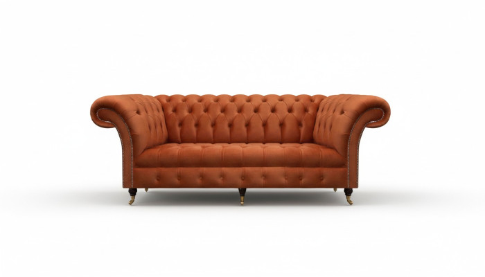 Brązowa sofa Chesterfield, nowoczesna sofa 3-osobowa, luksusowe meble do siedzenia.