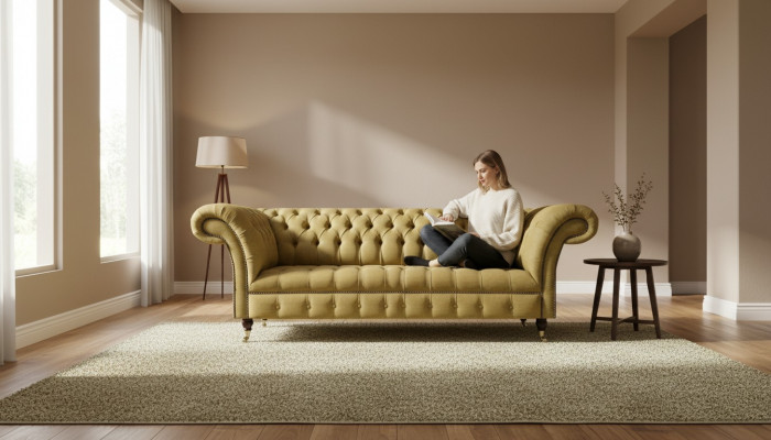 Chesterfield żółta kanapa w salonie Trzyczęściowy luksusowy elegancki mebel