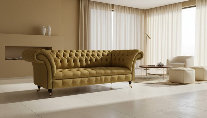 Chesterfield żółta kanapa w salonie Trzyczęściowy luksusowy elegancki mebel