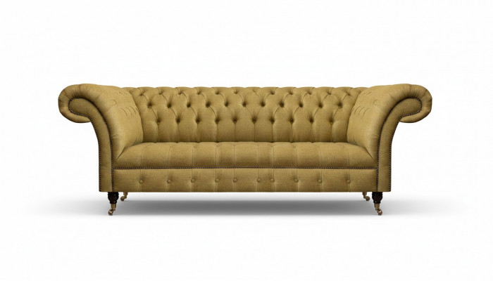 Chesterfield żółta kanapa w salonie Trzyczęściowy luksusowy elegancki mebel