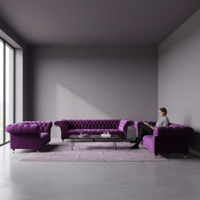 Nowoczesny fioletowy zestaw mebli tapicerowanych Chesterfield do salonu, eleganckie sofy 3 elementy.