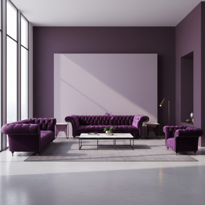 Nowoczesny fioletowy zestaw mebli tapicerowanych Chesterfield do salonu, eleganckie sofy 3 elementy.