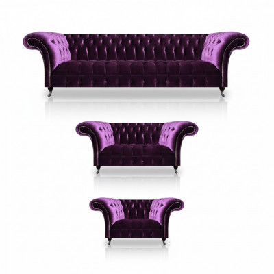 Nowoczesny fioletowy zestaw mebli tapicerowanych Chesterfield do salonu, eleganckie sofy 3 elementy.