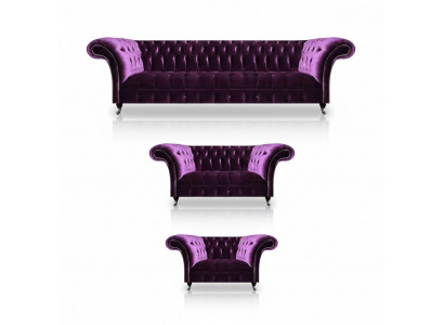 Nowoczesny fioletowy zestaw mebli tapicerowanych Chesterfield do salonu, eleganckie sofy 3 elementy.
