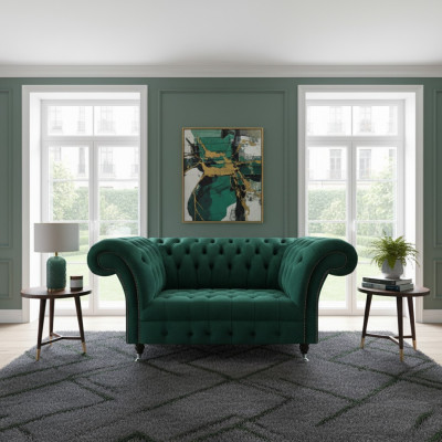Zielony dwuosobowy designerski kanap Chesterfield obity tkaniną nobilną.