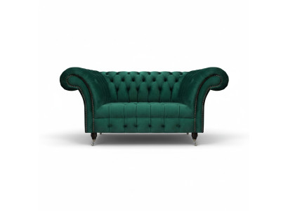 Zielony dwuosobowy designerski kanap Chesterfield obity tkaniną nobilną.