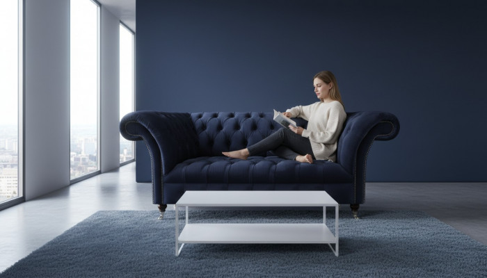 Ciemnoniebieska sofa Chesterfield do salonu z tkaniny, nowoczesne meble