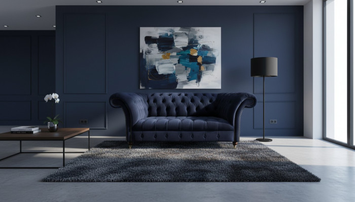 Ciemnoniebieska sofa Chesterfield do salonu z tkaniny, nowoczesne meble