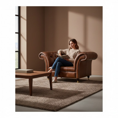 Chesterfield Brązowy fotel ze skóry w salonie Jednoosobowe meble z ekoskóry