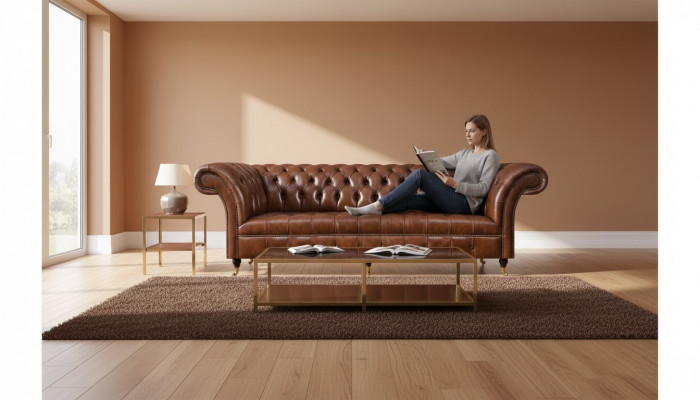 Brązowa sofa Chesterfield z eleganckimi 3-osobowymi meblami do salonu