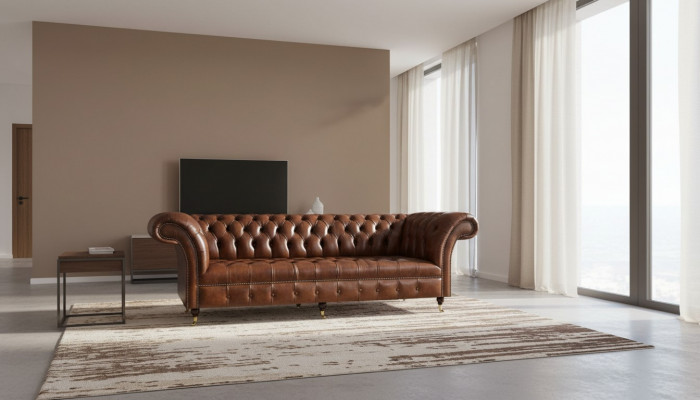 Brązowa sofa Chesterfield z eleganckimi 3-osobowymi meblami do salonu