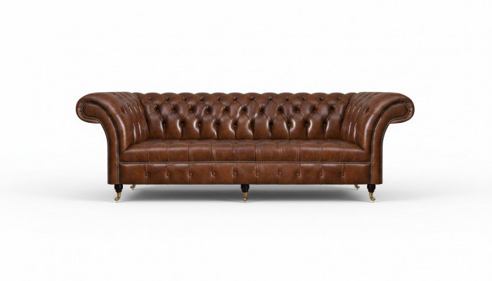 Brązowa sofa Chesterfield z eleganckimi 3-osobowymi meblami do salonu