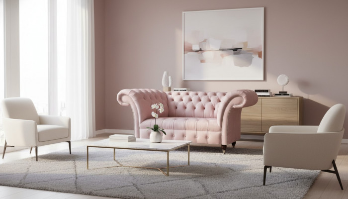Chesterfield Różowy dwuosobowy salon Luksusowe meble tapicerowane Kanapa
