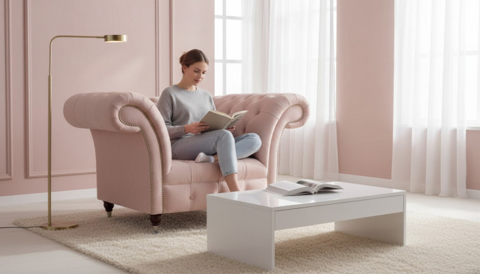 Chesterfield różowy fotel jednoosobowy do salonu, designerski fotel tekstylny 1-osobowy