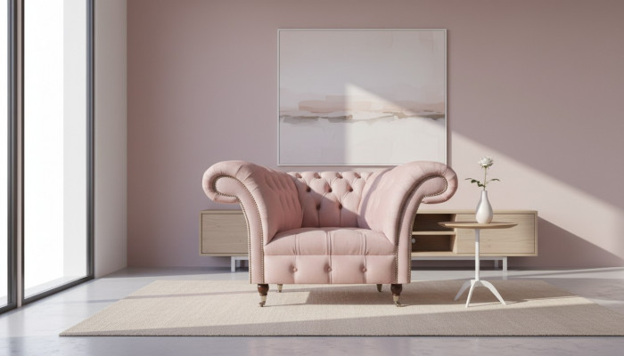 Chesterfield różowy fotel jednoosobowy do salonu, designerski fotel tekstylny 1-osobowy