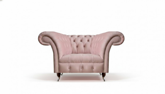 Chesterfield różowy fotel jednoosobowy do salonu, designerski fotel tekstylny 1-osobowy