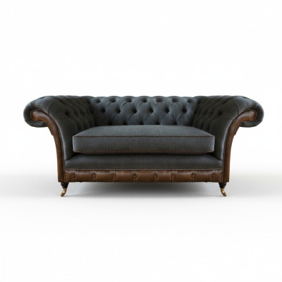 Brązowo-szary fotel Chesterfield do salonu, jednoosobowy, materiałowy.