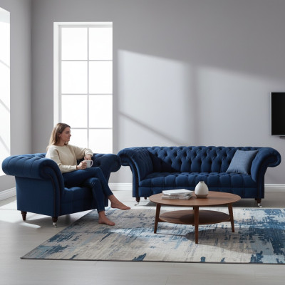 Ciemnoniebieski zestaw wypoczynkowy do salonu 3-osobowa sofa, designerskie fotele, elegancki komplet 2 elementowy