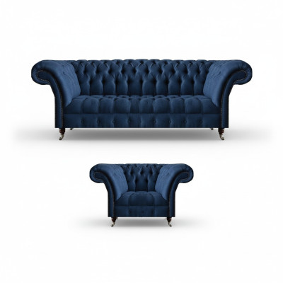 Ciemnoniebieski zestaw wypoczynkowy do salonu 3-osobowa sofa, designerskie fotele, elegancki komplet 2 elementowy