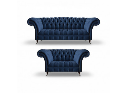 Niebieski zestaw mebli tapicerowanych Chesterfield z tekstylnymi sofami trzyosobowymi i dwuosobowymi, 2 częściowy.