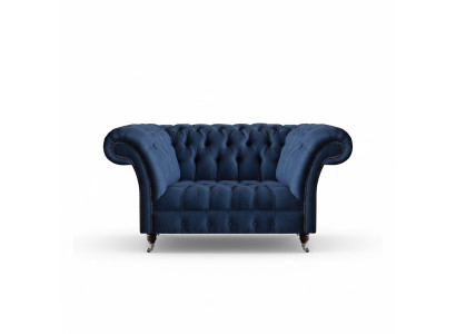 Elegancki dwuosobowy sof Chesterfield w niebieskim materiale do salonu