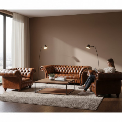 Brązowy zestaw mebli do salonu Chesterfield 2 krzesła skórzane Elegancki trzyosobowy.