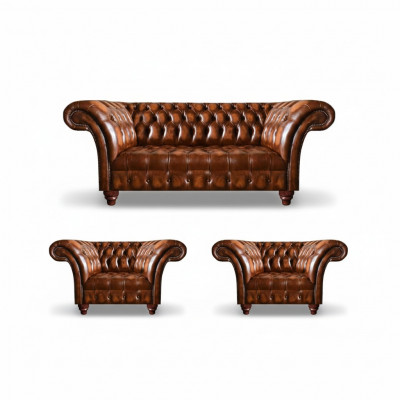 Brązowy zestaw mebli do salonu Chesterfield 2 krzesła skórzane Elegancki trzyosobowy.