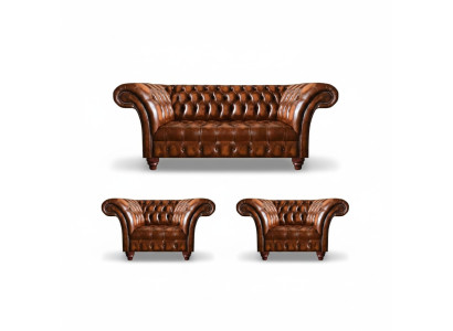 Brązowy zestaw mebli do salonu Chesterfield 2 krzesła skórzane Elegancki trzyosobowy.