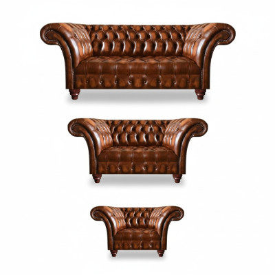 Wysokiej jakości zestaw mebli Chesterfield: sofa, 2 sofy i fotel tapicerowany.