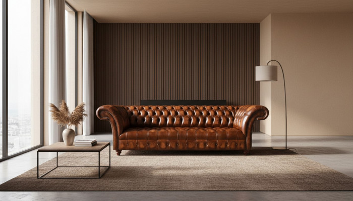 Chesterfield Sofa z ekoskóry w kolorze brązowym, Designer, Sofy Lux