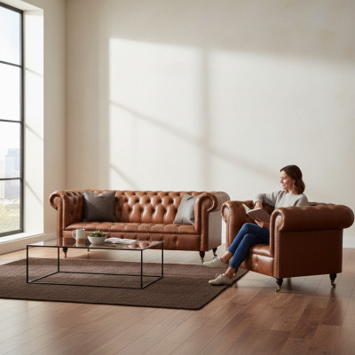 Brązowa elegancka komplet wypoczynkowy Chesterfield z sofy skórzanej, 2 częściowy.