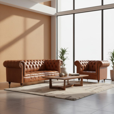 Brązowa elegancka komplet wypoczynkowy Chesterfield z sofy skórzanej, 2 częściowy.