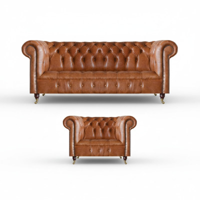 Brązowa elegancka komplet wypoczynkowy Chesterfield z sofy skórzanej, 2 częściowy.