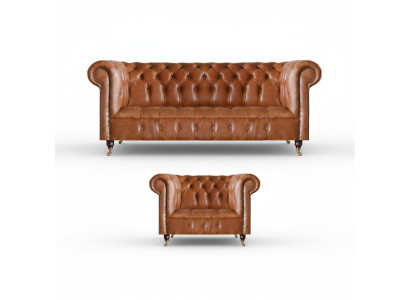 Brązowa elegancka komplet wypoczynkowy Chesterfield z sofy skórzanej, 2 częściowy.
