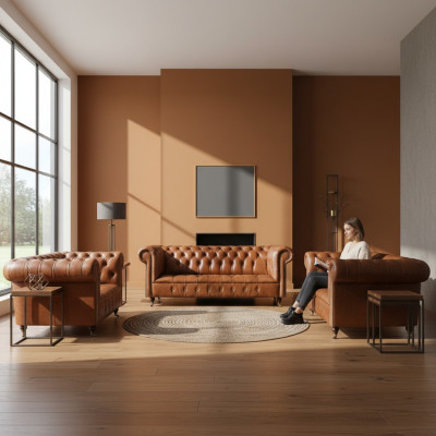 Brązowe sofy Chesterfield z prawdziwej skóry, meble do salonu, 3-elementowe.
