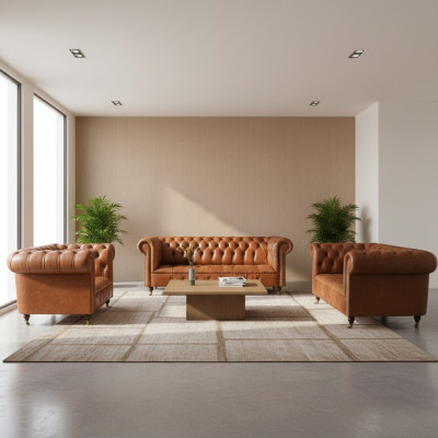 Brązowe sofy Chesterfield z prawdziwej skóry, meble do salonu, 3-elementowe.
