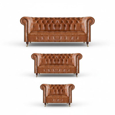 Brązowe sofy Chesterfield z prawdziwej skóry, meble do salonu, 3-elementowe.