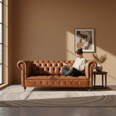 Chesterfield meble z bejsbolu Brązowa sofa trzyosobowa Salon Eleganckie sofye