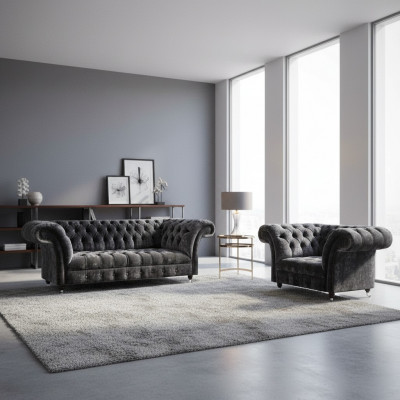 Chesterfield Meble tapicerowane Salon Tkanina Trójosobowa Sofas Elegancki fotel 2-częściowy