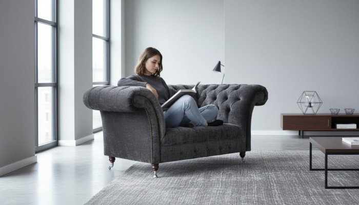 Chesterfield Sofa z aksamitu, projektant, dwuosobowa sofa z tkaniny.