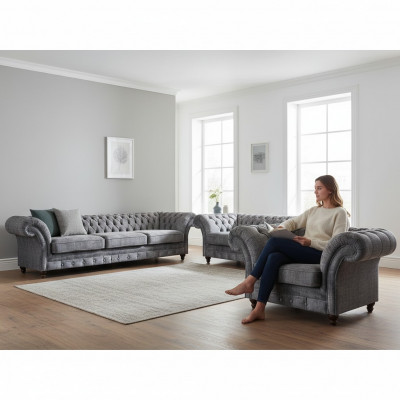Chesterfield Szara tkaninowa sofia z zestawem do salonu. Kanapy projektanta.