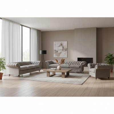 Chesterfield Jasnoszare sofy z tkaniny Zestaw mebli do salonu meble tapicerowane