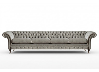Szary chesterfield sofa, projektant, 4-osobowy, tapicerowane, materiałowe meble siedziskowe.